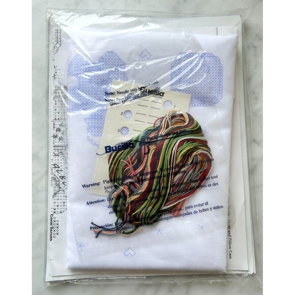 Bucilla Blue Jean Teddy Bear Sheet & Pillowcase Cross Stitch Kit Daisy Kingdom - Picture 4 of 4